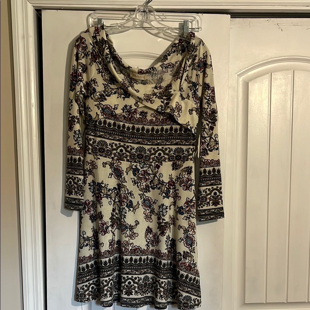Altar'd State Cream and Black Fit and Flare Long Sleeve Dress